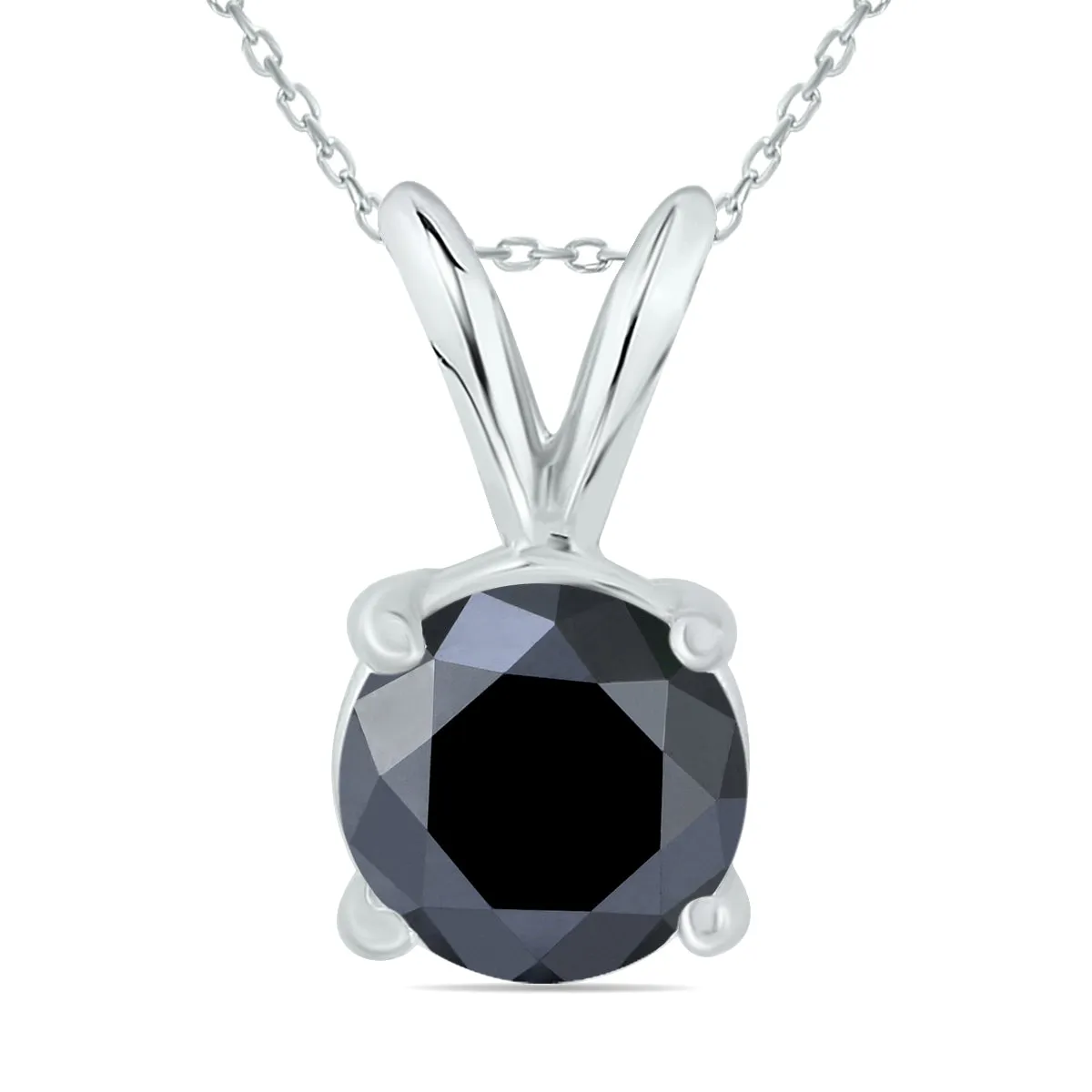 1 1/2 Carat Round Black Diamond Solitaire Pendant In 14K White Gold