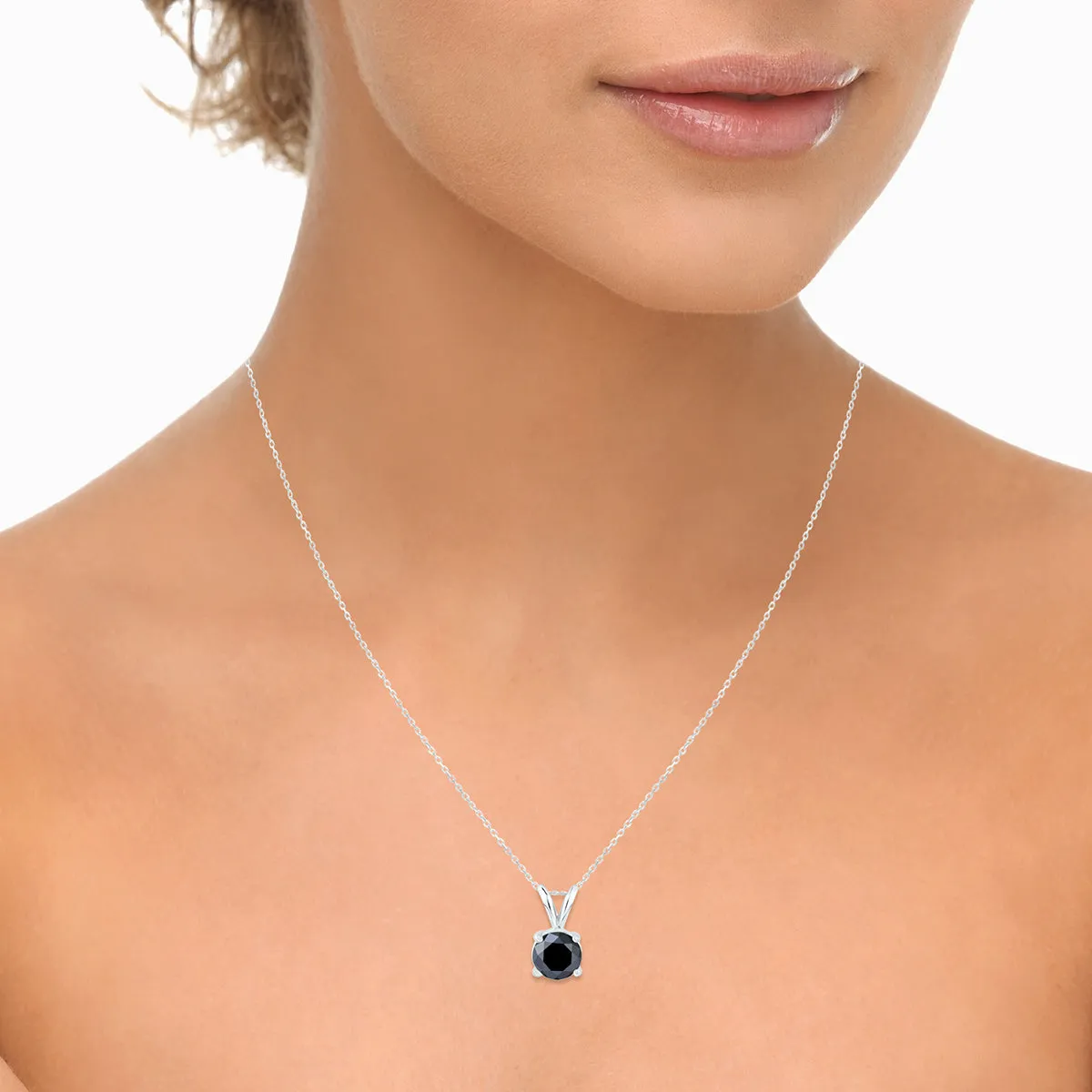 1 1/2 Carat Round Black Diamond Solitaire Pendant In 14K White Gold