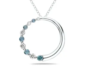 1/2 Carat Tw Blue And White Diamond Circle Journey Pendant 14K White Gold