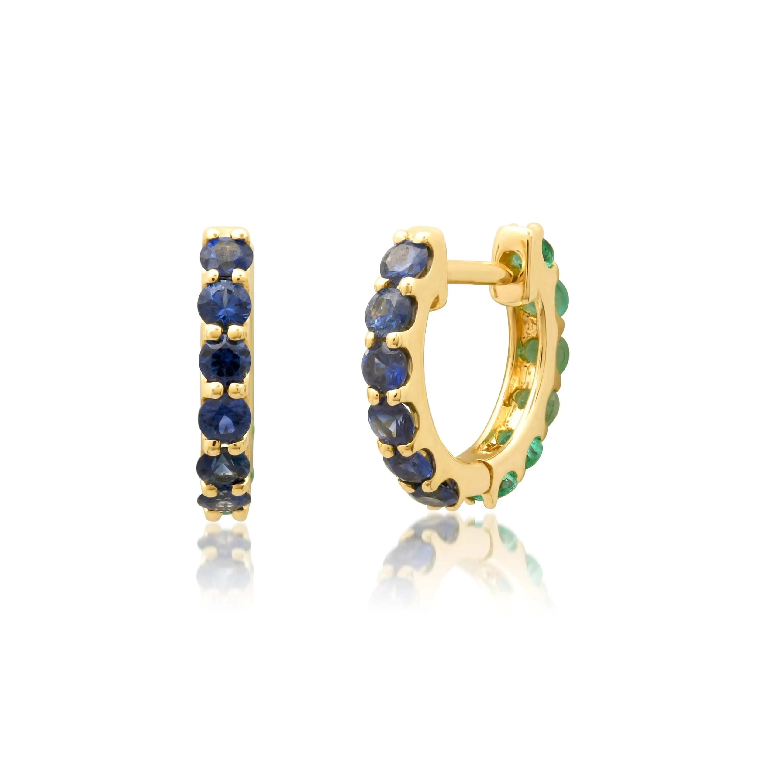 14K Gold Half & Half Blue Sapphire & Emerald Huggie Hoops Earrings