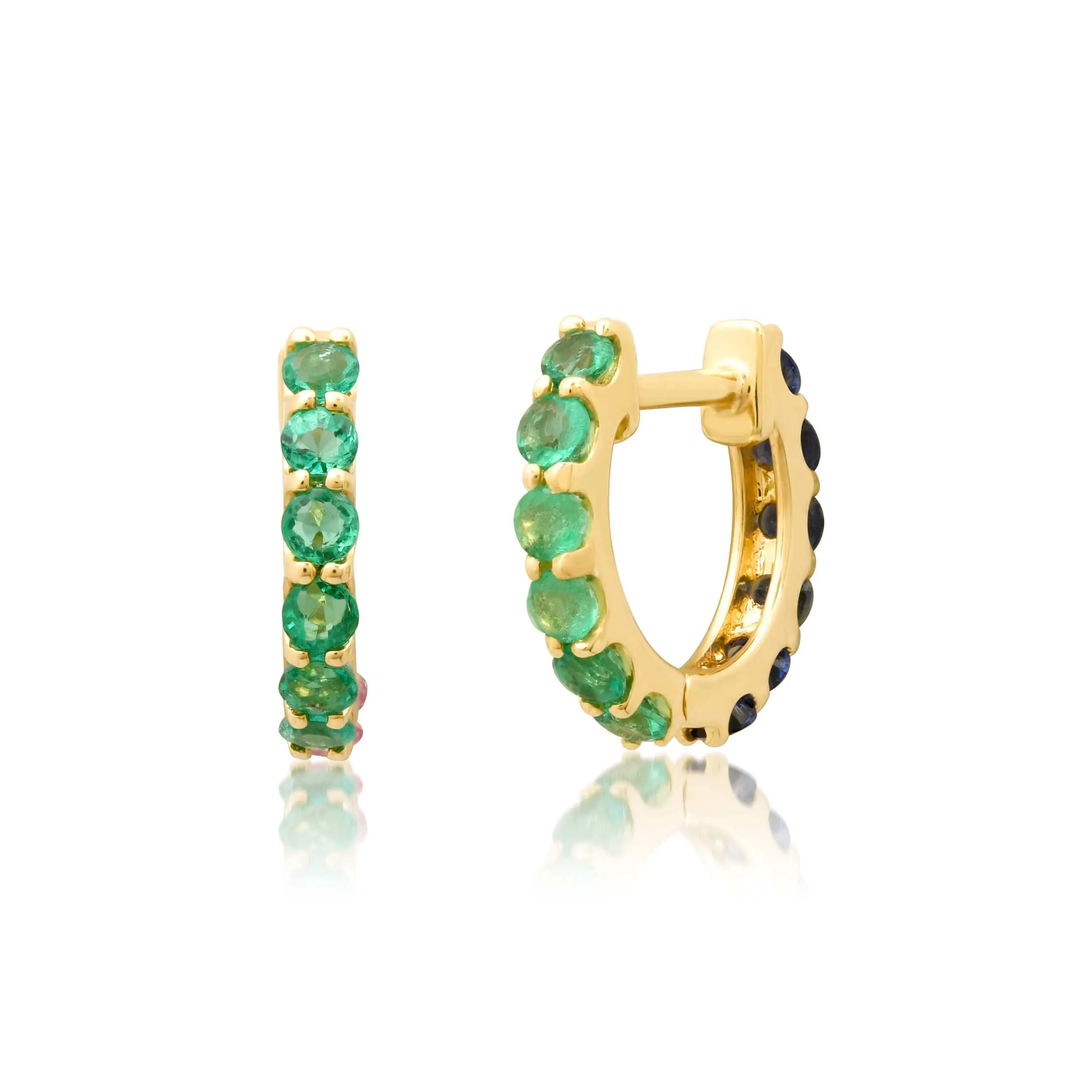 14K Gold Half & Half Blue Sapphire & Emerald Huggie Hoops Earrings