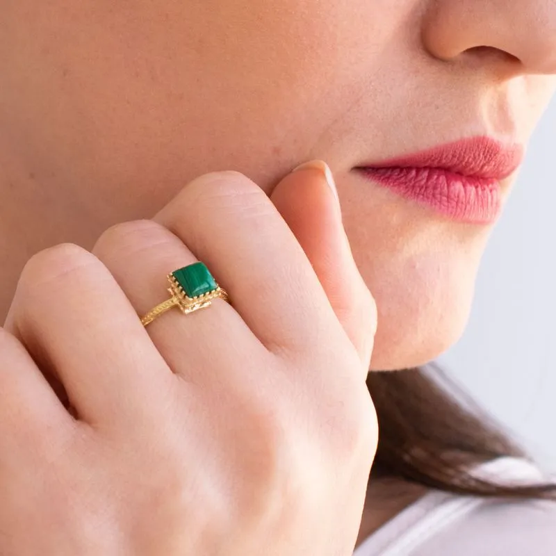 14K Yellow Gold Malachite 6X6mm Square Ring