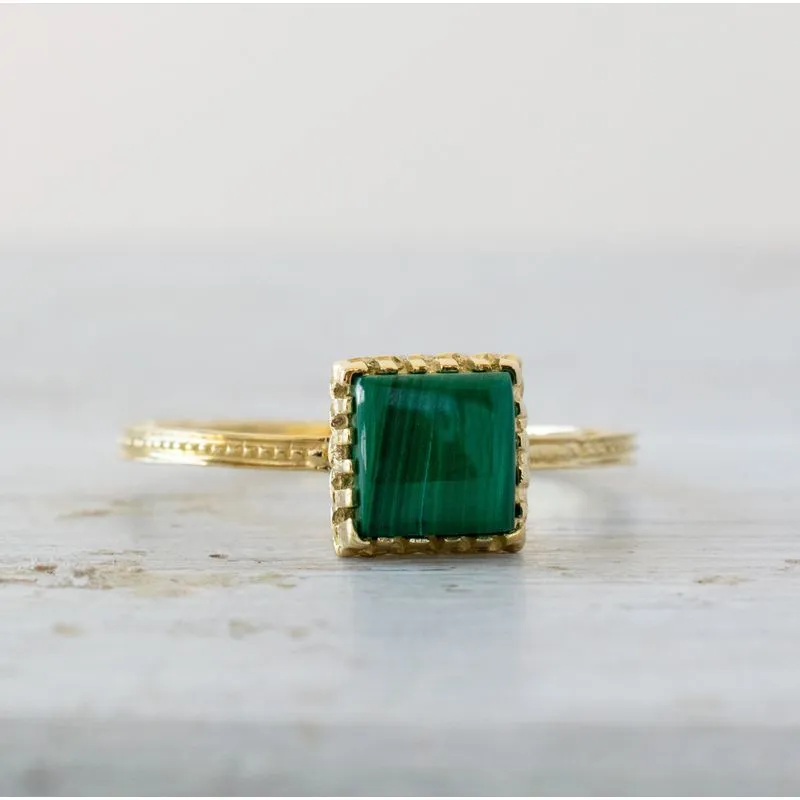 14K Yellow Gold Malachite 6X6mm Square Ring