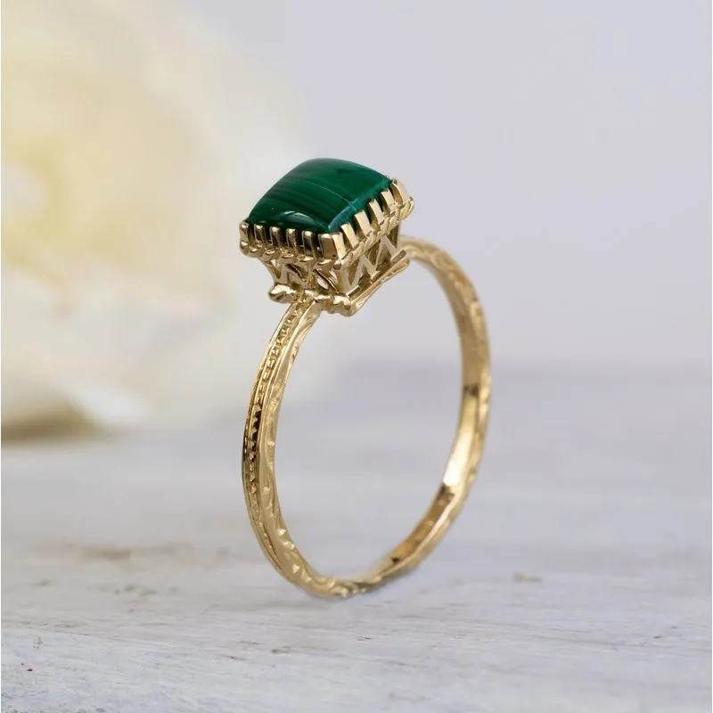 14K Yellow Gold Malachite 6X6mm Square Ring