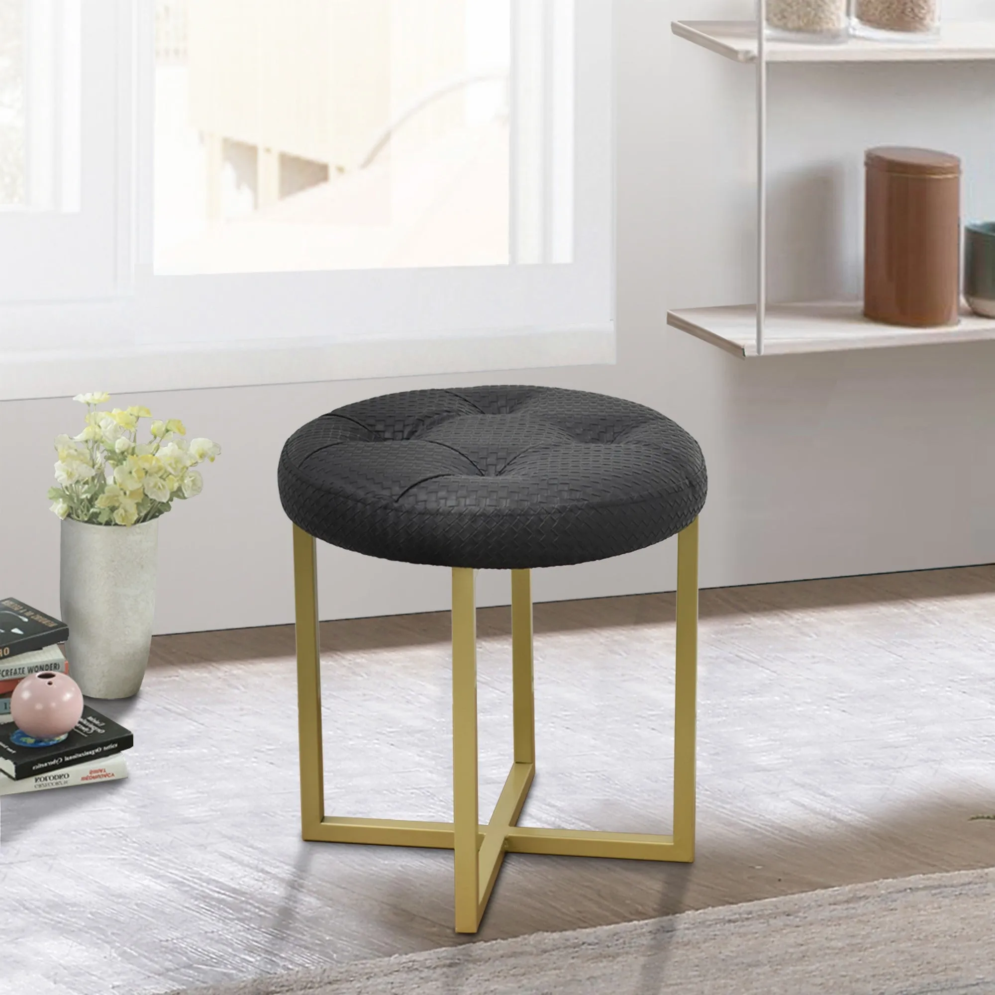 17" Black Tufted Faux Leather and Gold Stool By Homeroots