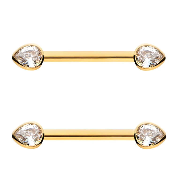 24kt Gold PVD Teardrop Clear CZ Titanium Threadless Nipple Barbell