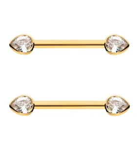 24kt Gold PVD Teardrop Clear CZ Titanium Threadless Nipple Barbell