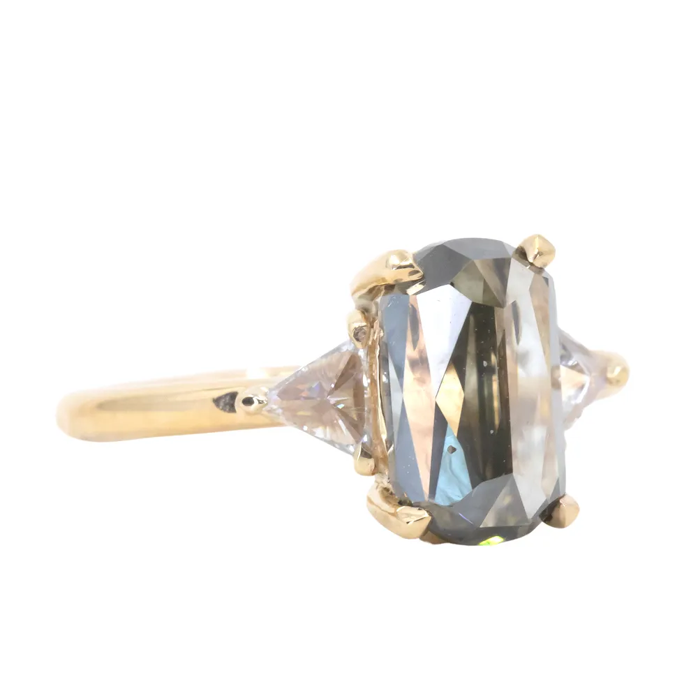 3.02ct Elongated Cushion Rosecut Diamond and Trillion Diamond Three Stone Ring in 18k Yellow Gold