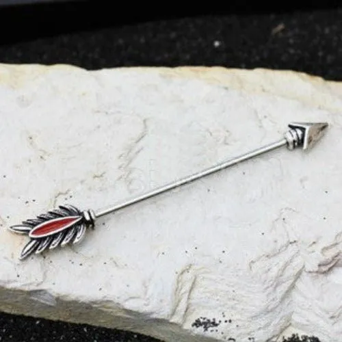 316L Stainless Steel Antique Tribal Arrow Industrial Barbell with Red Feather