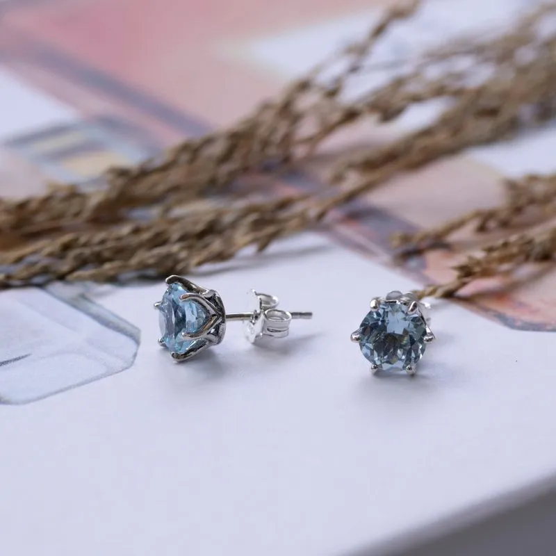 925 Silver Blue Topaz Studs - Handmade 7mm Nov. Birthstone Earrings