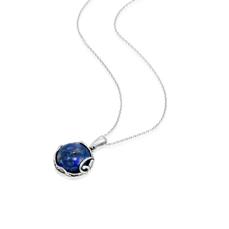 925 Sterling Silver Round Blue Lapis Lazuli 14mm Pendant