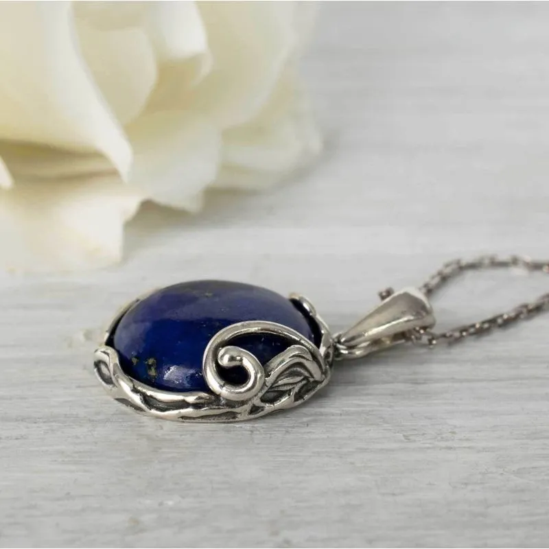 925 Sterling Silver Round Blue Lapis Lazuli 14mm Pendant