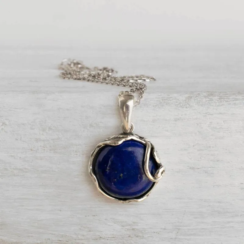 925 Sterling Silver Round Blue Lapis Lazuli 14mm Pendant