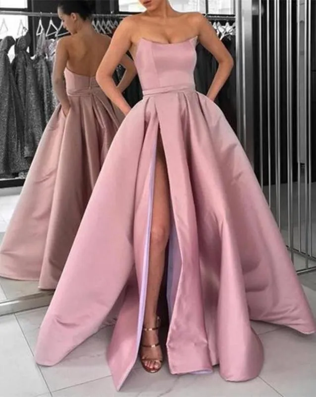 A Line Strapless High Slit Burgundy/Pink/Black Prom, High Slit Formal, Graduation