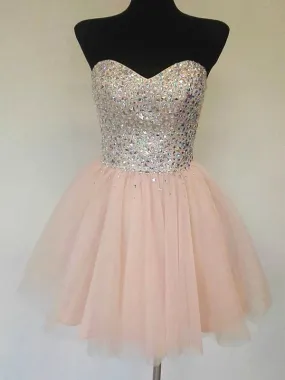 A Line Sweetheart Neck Sequins Pink Short Prom, Sequins Pink Homecoming, Pink Formal Graduation Evening