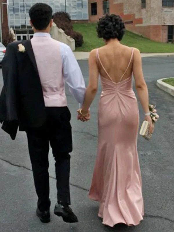 A Line V Neck Backless Pink Satin Long Prom with Split, V Neck Backless Pink Formal, Backless Pink Evening