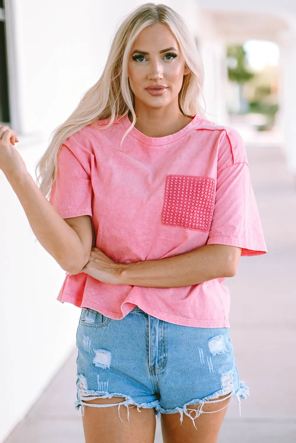 Acid Wash Lace Patch Pocket T-Shirt