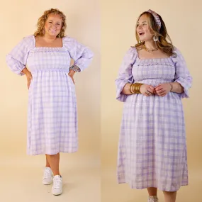 Adorable Impression Plaid Midi Dress with Smocked Bodice in Lavender Purple