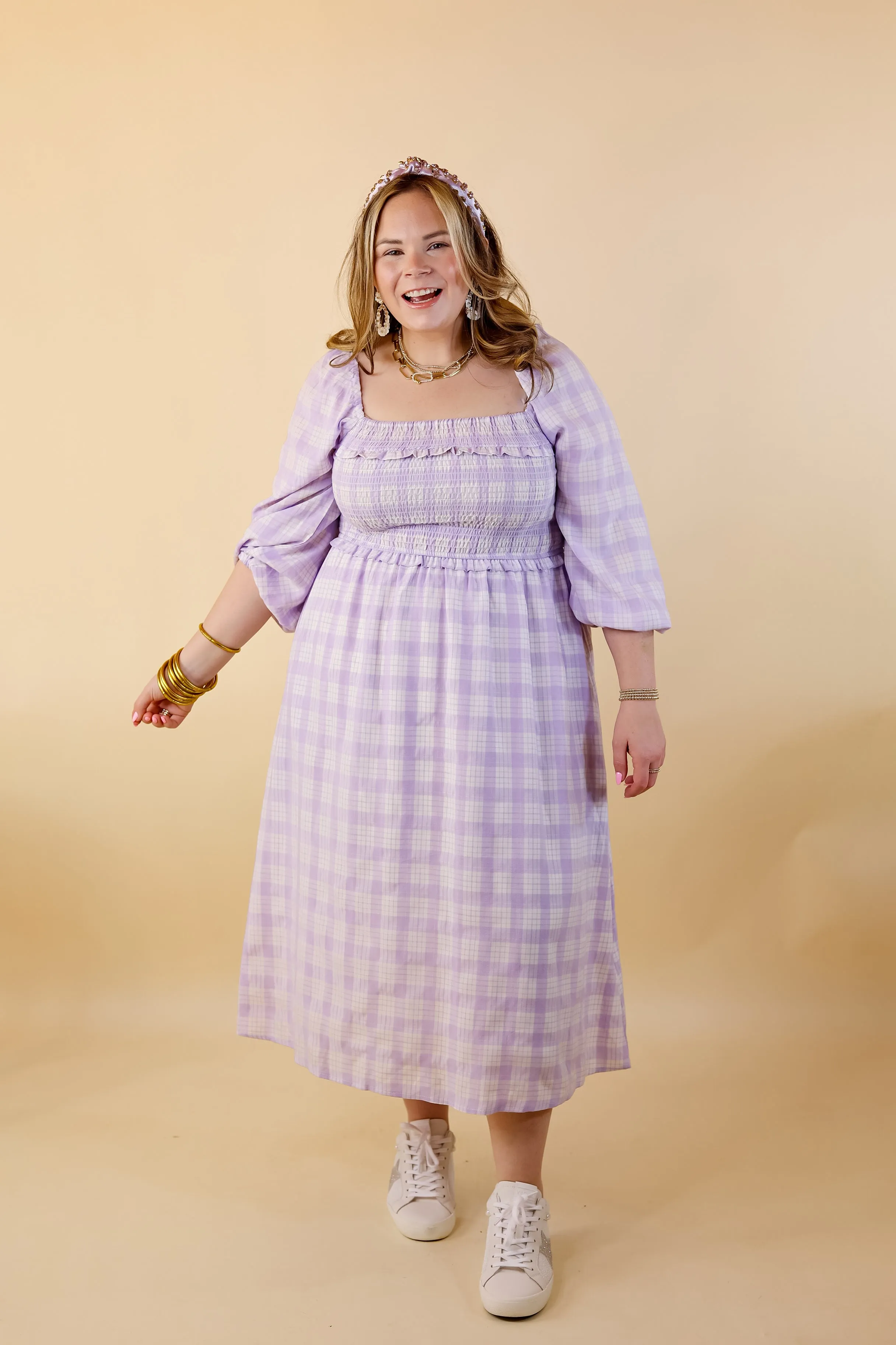 Adorable Impression Plaid Midi Dress with Smocked Bodice in Lavender Purple