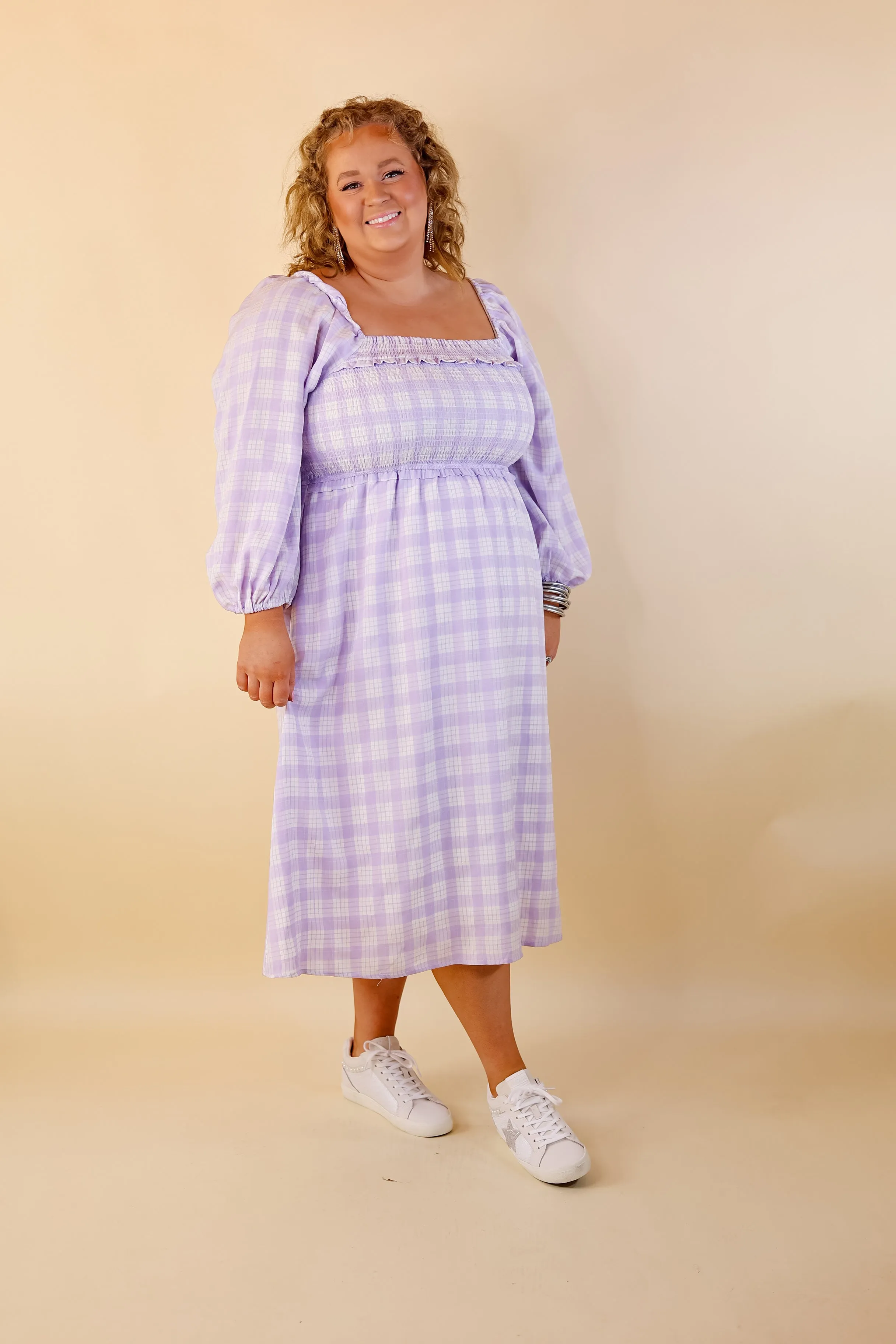 Adorable Impression Plaid Midi Dress with Smocked Bodice in Lavender Purple