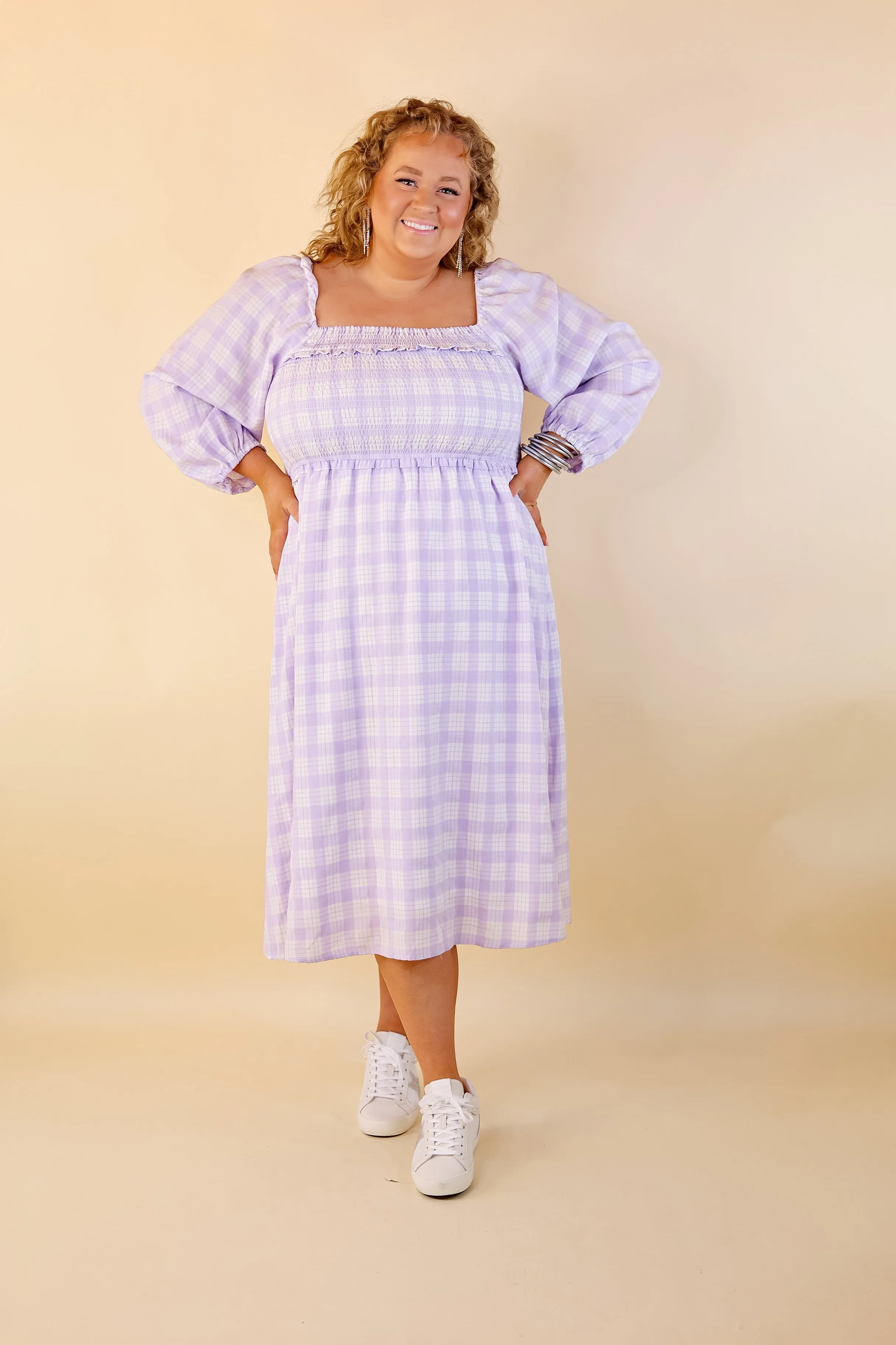 Adorable Impression Plaid Midi Dress with Smocked Bodice in Lavender Purple