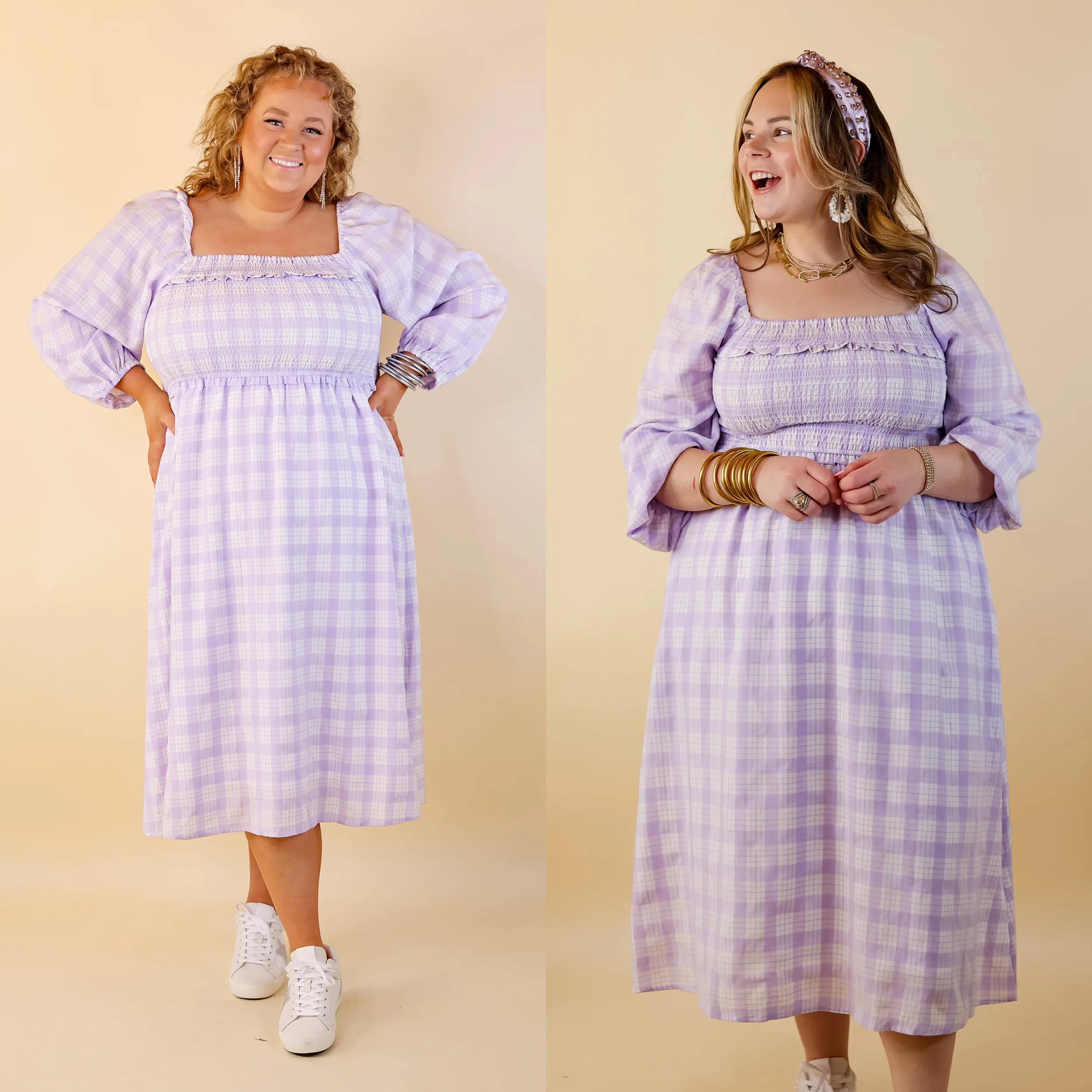 Adorable Impression Plaid Midi Dress with Smocked Bodice in Lavender Purple