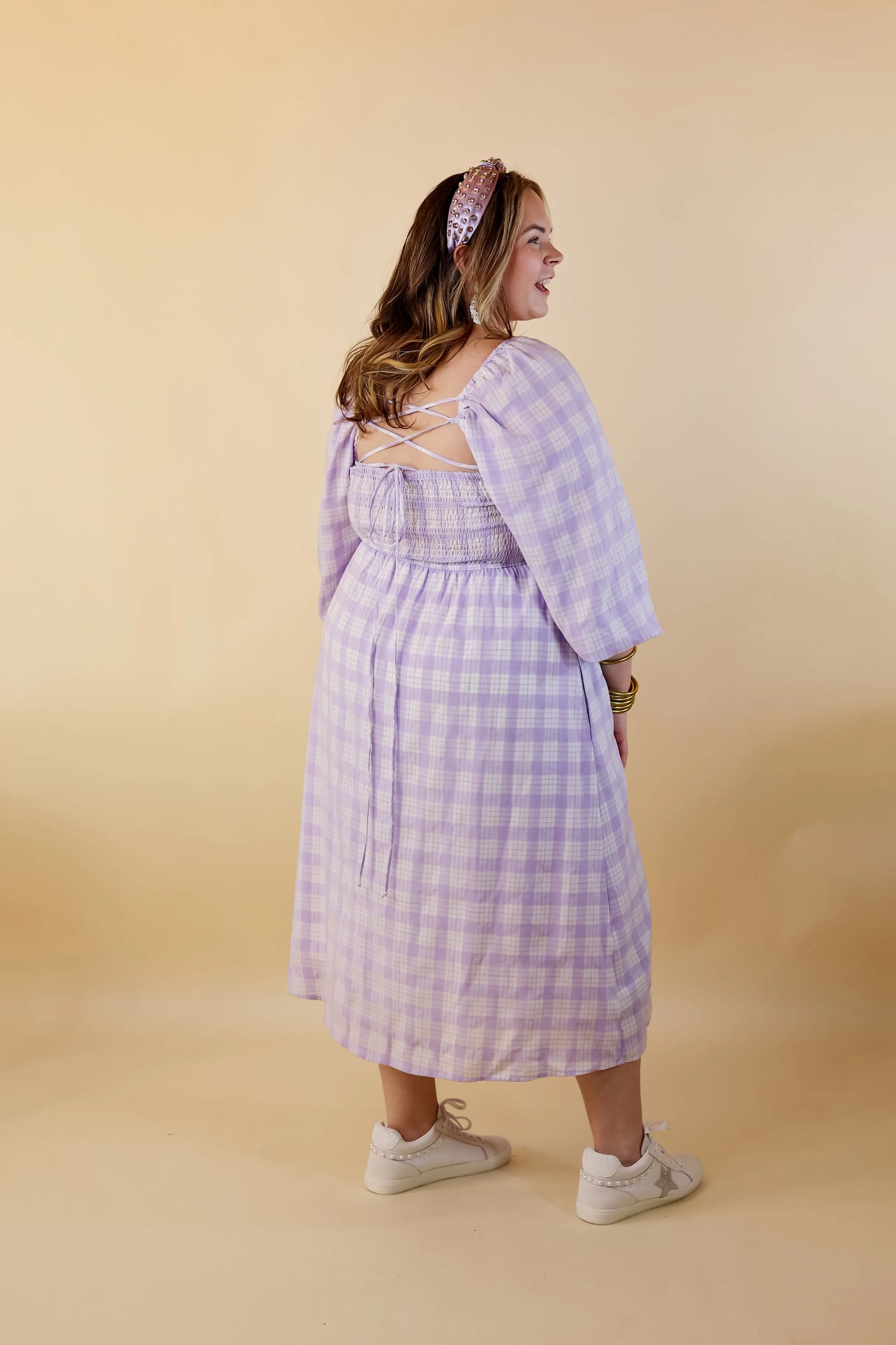 Adorable Impression Plaid Midi Dress with Smocked Bodice in Lavender Purple