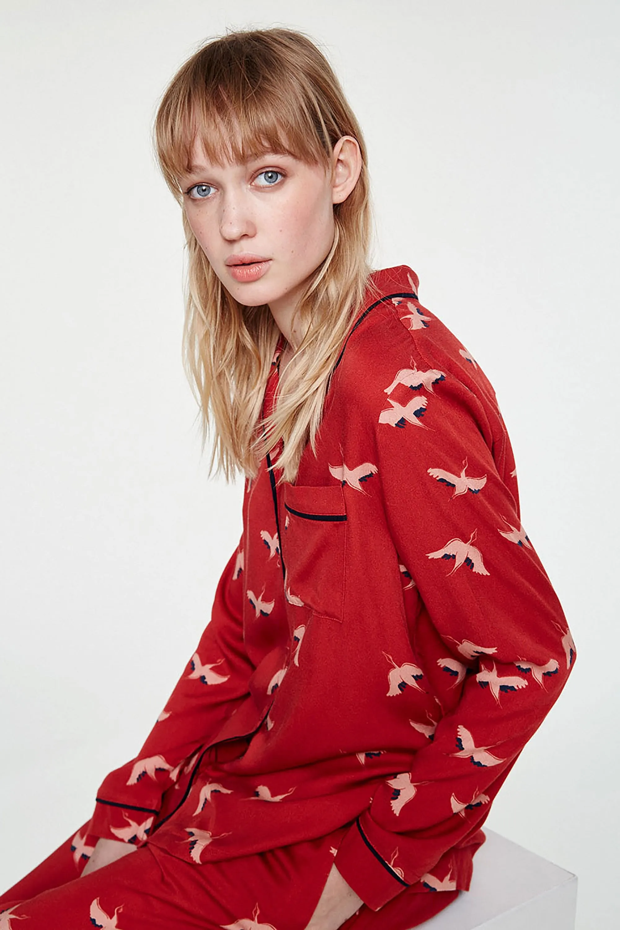 aletta shirt <br> red & cranes in the sky <br> by ARMEDANGELS