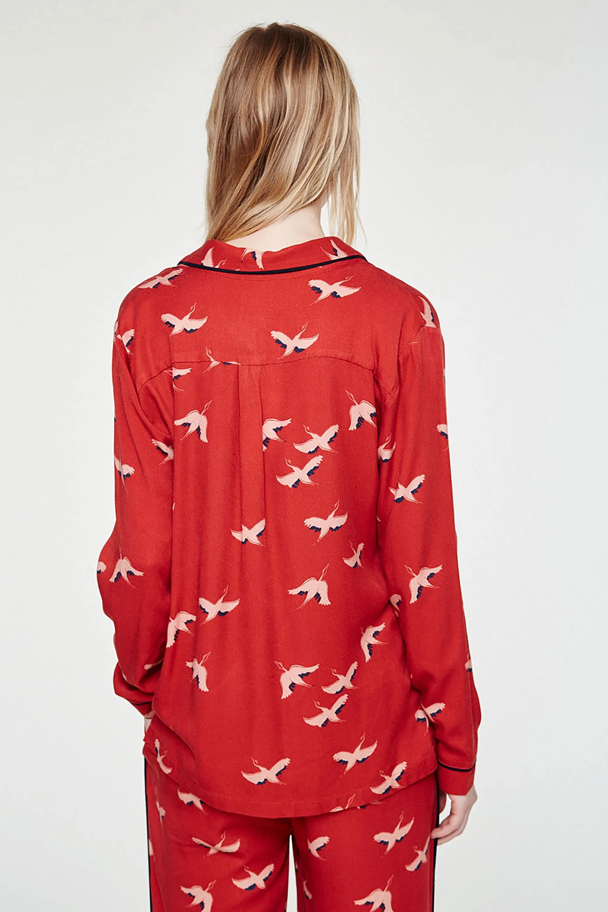 aletta shirt <br> red & cranes in the sky <br> by ARMEDANGELS