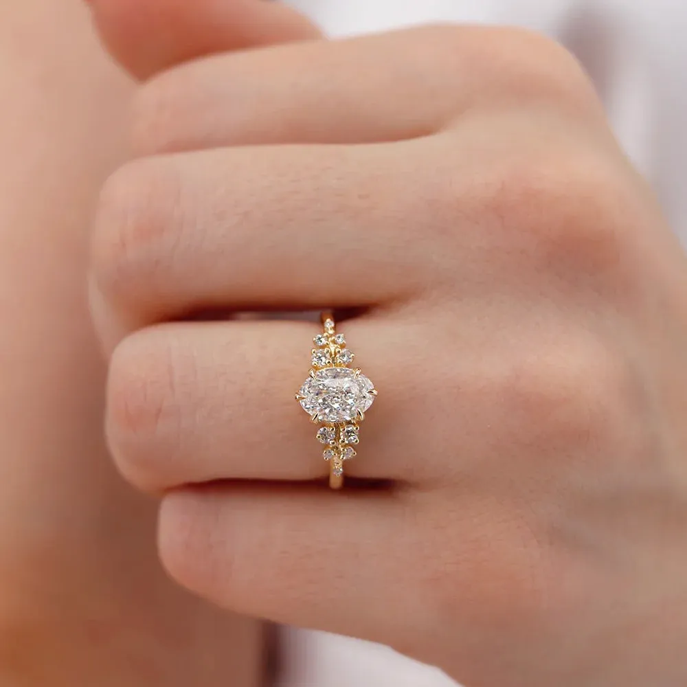 ALYA - Oval Lab Diamond Starburst Cluster Shoulder Set Engagement Ring 18k Yellow Gold