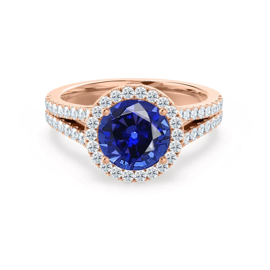 AMELIA - Chatham® Lab Grown Blue Sapphire & Diamond 18k Rose Gold Halo Ring