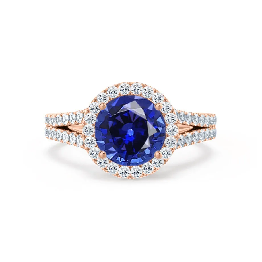 AMELIA - Chatham® Lab Grown Blue Sapphire & Diamond 18k Rose Gold Halo Ring