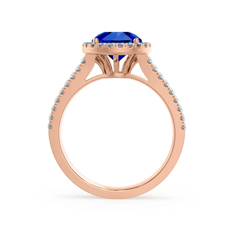 AMELIA - Chatham® Lab Grown Blue Sapphire & Diamond 18k Rose Gold Halo Ring