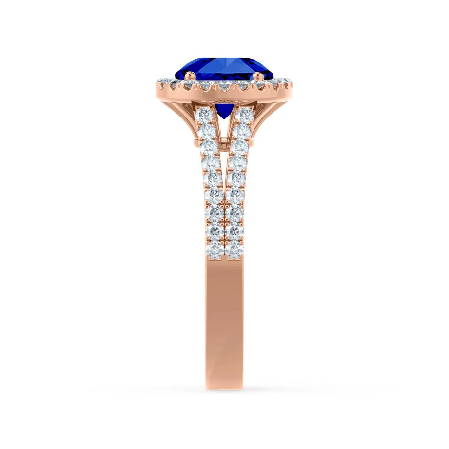 AMELIA - Chatham® Lab Grown Blue Sapphire & Diamond 18k Rose Gold Halo Ring