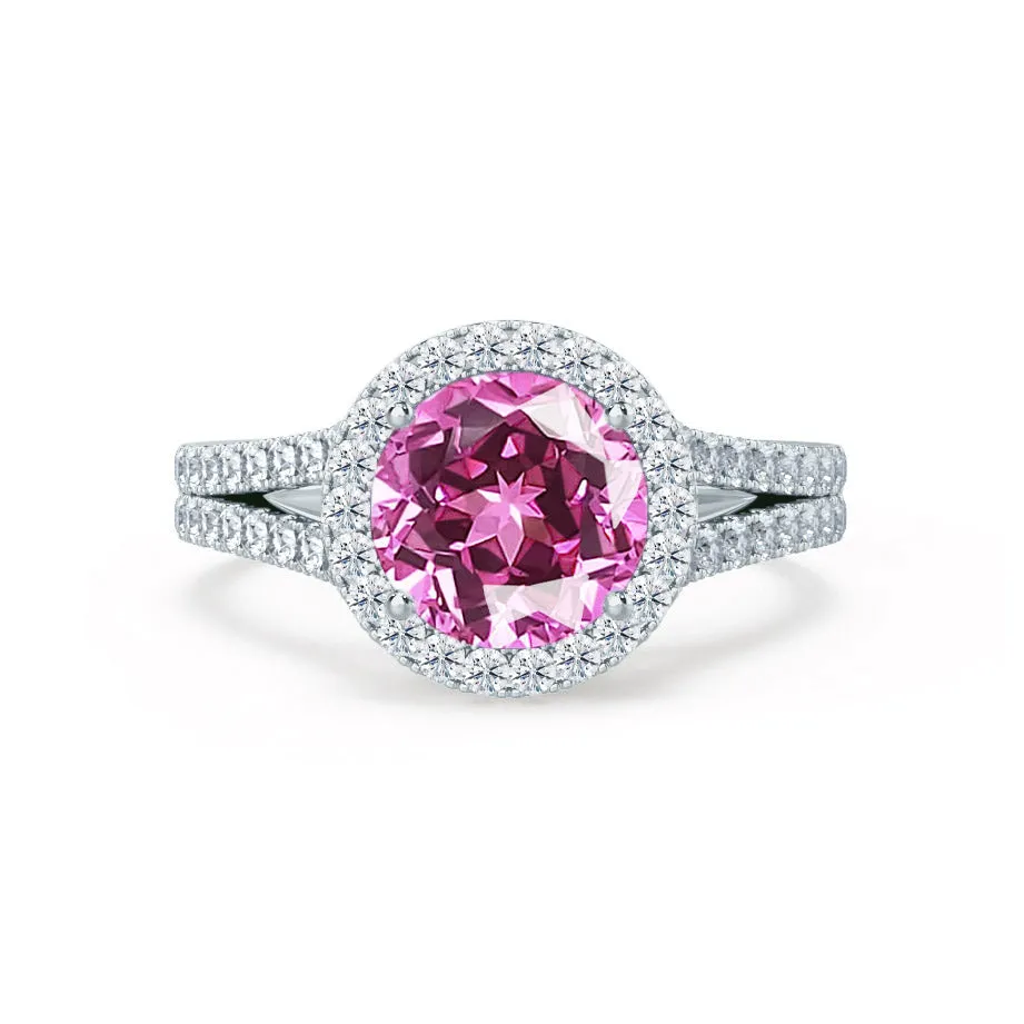 AMELIA - Chatham® Lab Grown Pink Sapphire & Diamond 18k White Gold Halo Ring