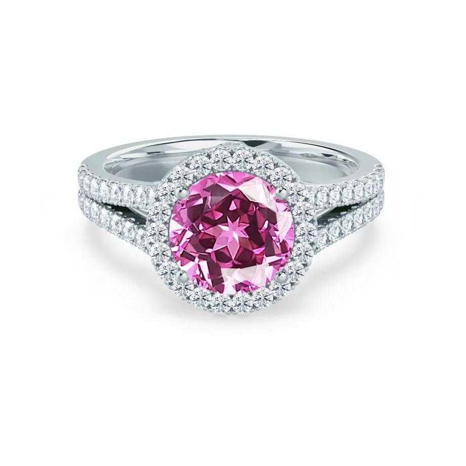 AMELIA - Chatham® Lab Grown Pink Sapphire & Diamond Platinum 950 Halo Ring