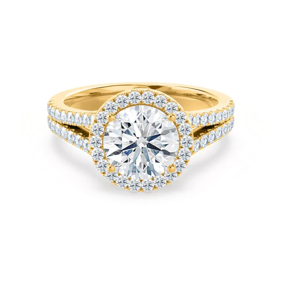 AMELIA - Round Moissanite & Diamond 18k Yellow Gold Halo Ring