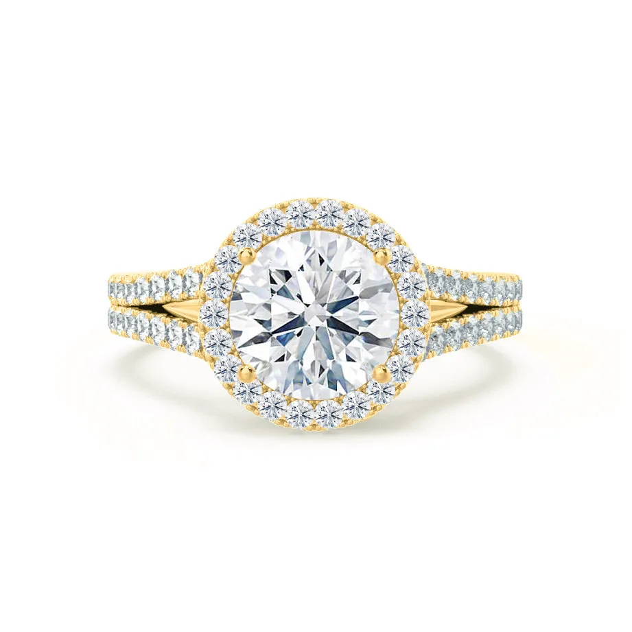 AMELIA - Round Moissanite & Diamond 18k Yellow Gold Halo Ring