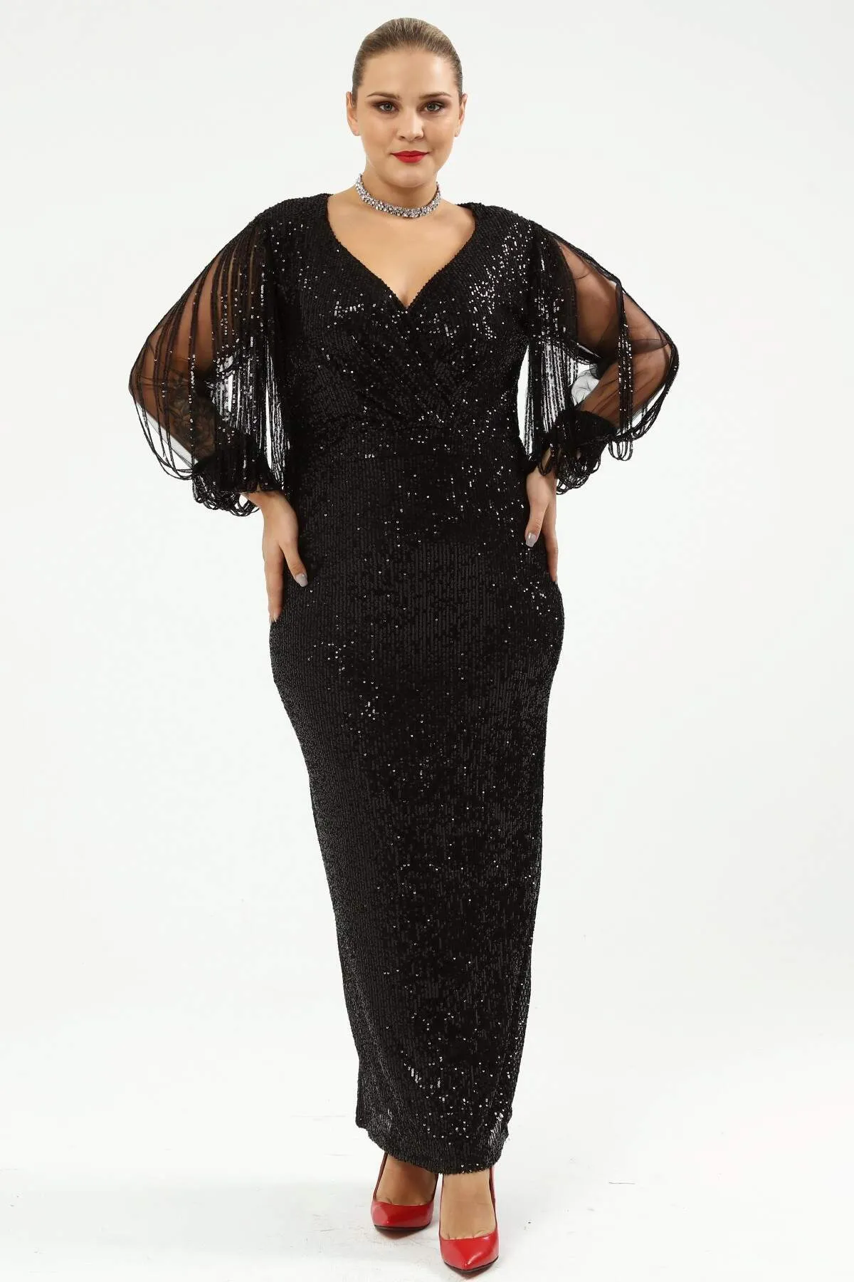 Angelino Plus Size Sleeves Fringed Long Sequined Evening Dress Black 8035