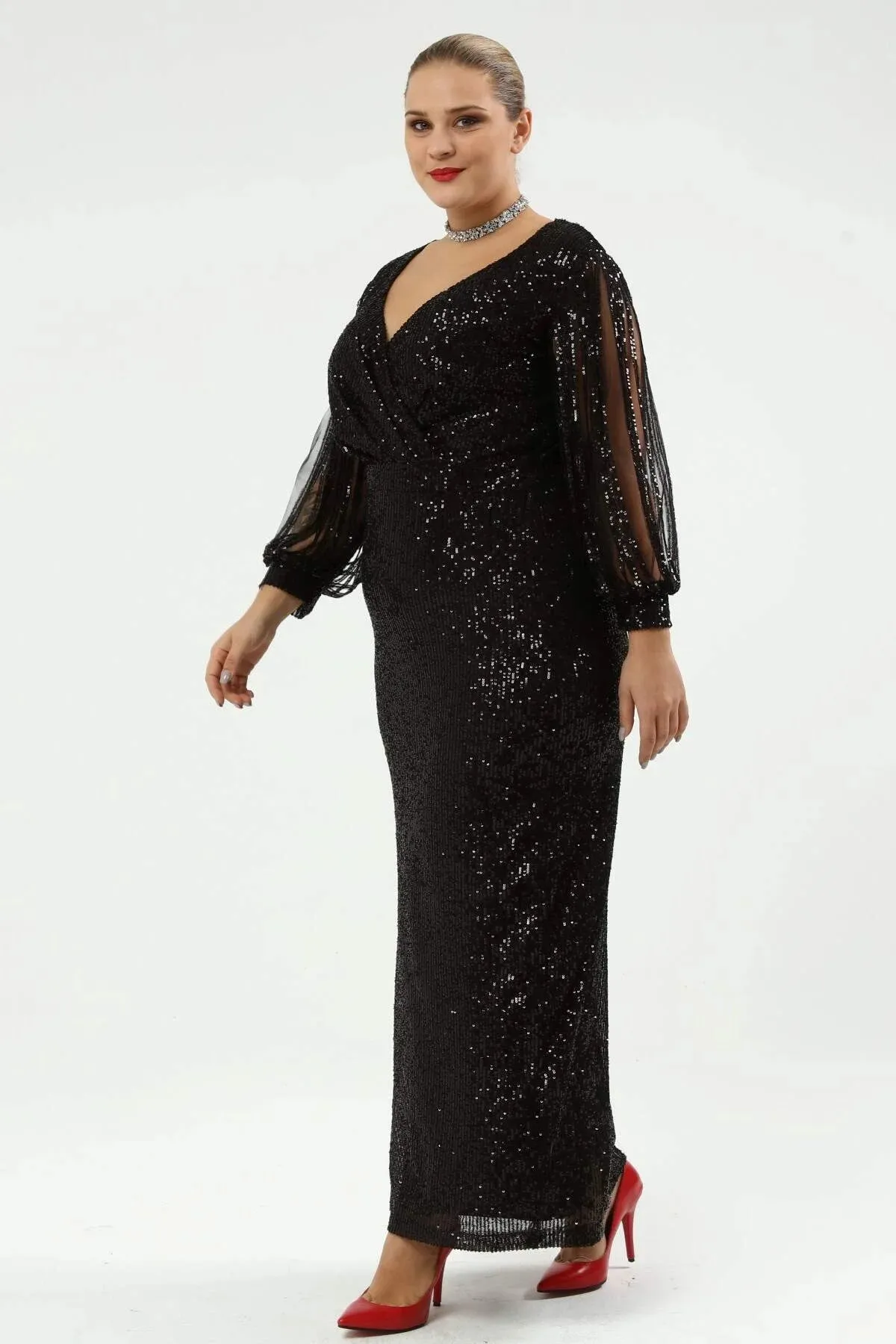 Angelino Plus Size Sleeves Fringed Long Sequined Evening Dress Black 8035