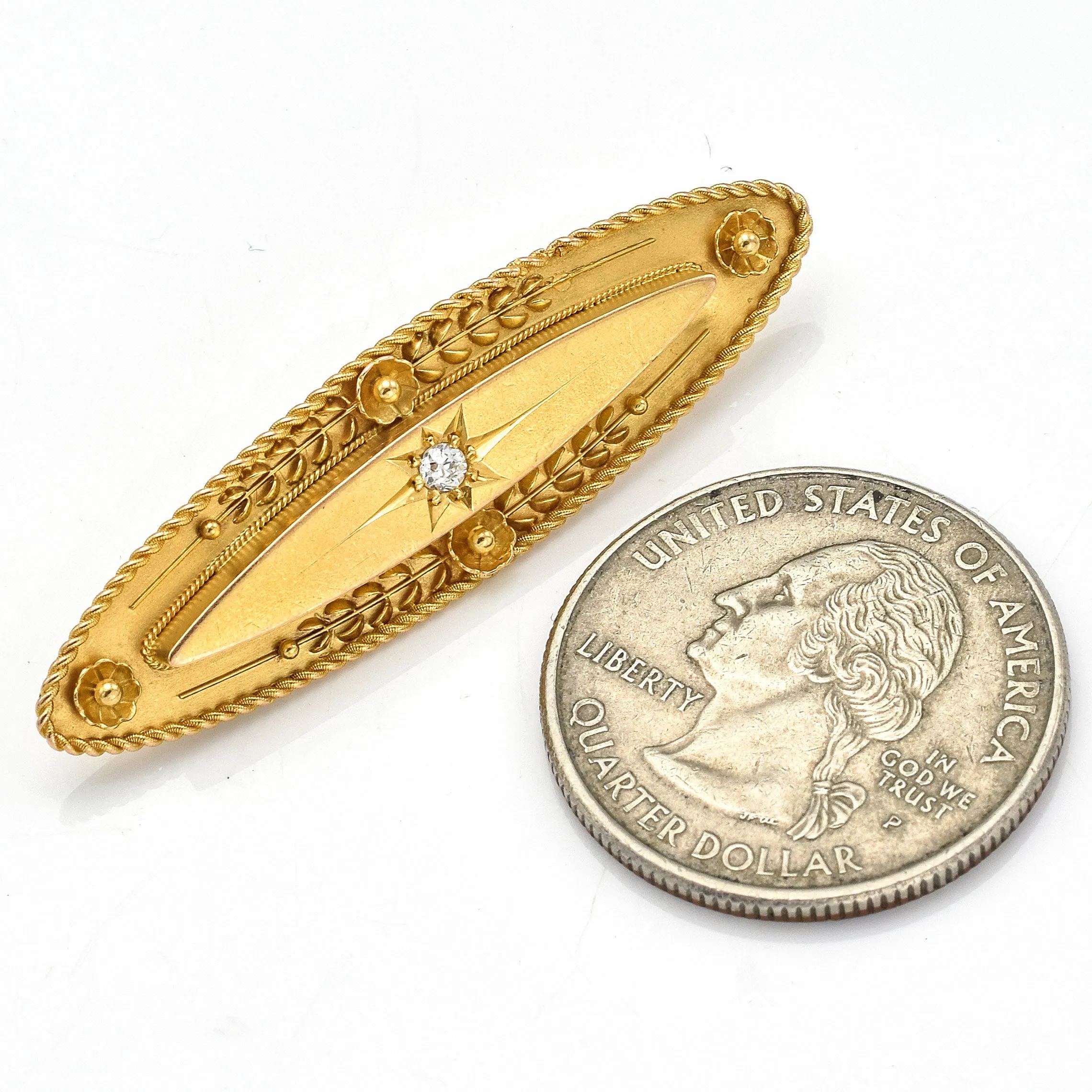 Antique 15K Yellow Gold Diamond English Victorian Bar Brooch Pin