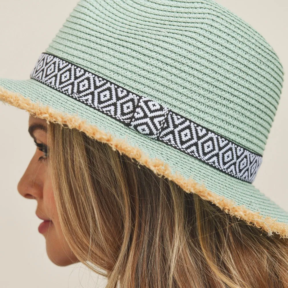 AQUA (TURQUOISE) STRAW PANAMA HAT WITH BLACK AND WHITE AZTEC BAND AND FRAYED EDGES