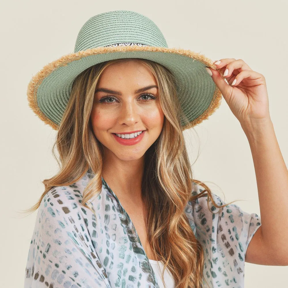 AQUA (TURQUOISE) STRAW PANAMA HAT WITH BLACK AND WHITE AZTEC BAND AND FRAYED EDGES