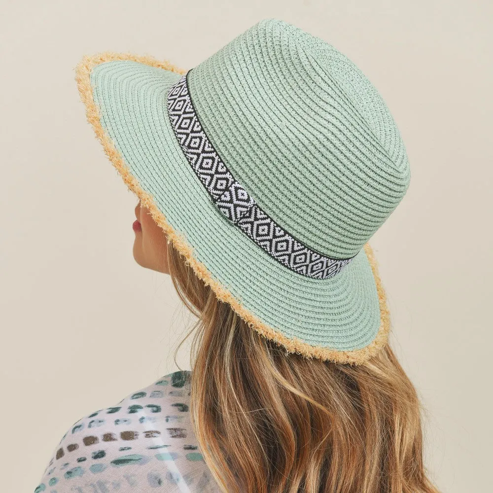 AQUA (TURQUOISE) STRAW PANAMA HAT WITH BLACK AND WHITE AZTEC BAND AND FRAYED EDGES