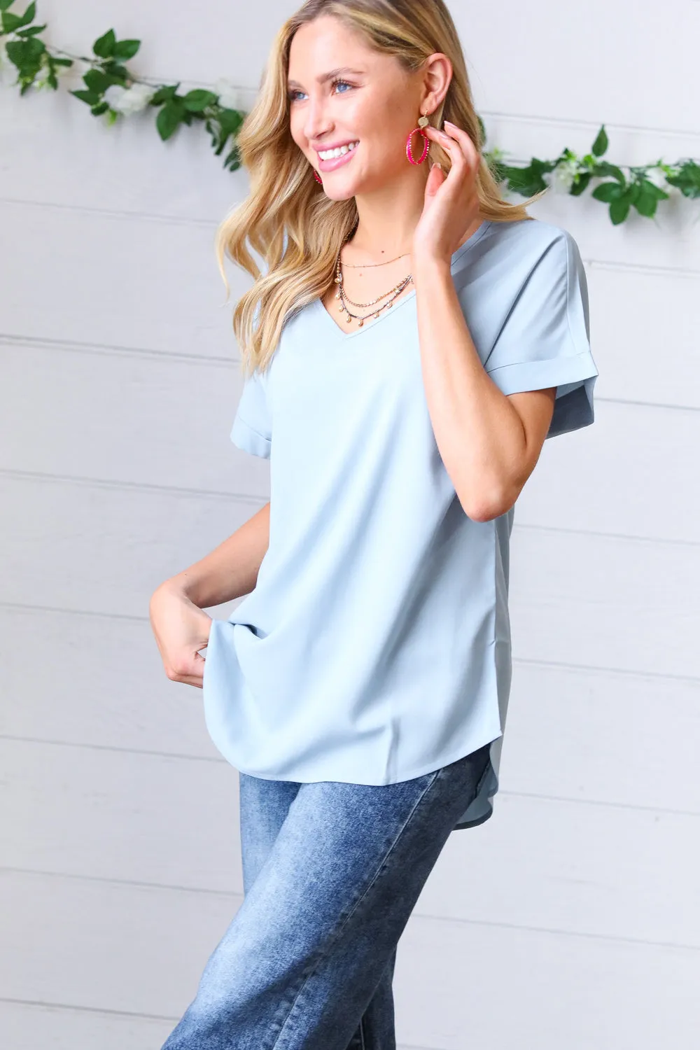 Ash Blue Wool Dobby Rolled Sleeve V Neck Top