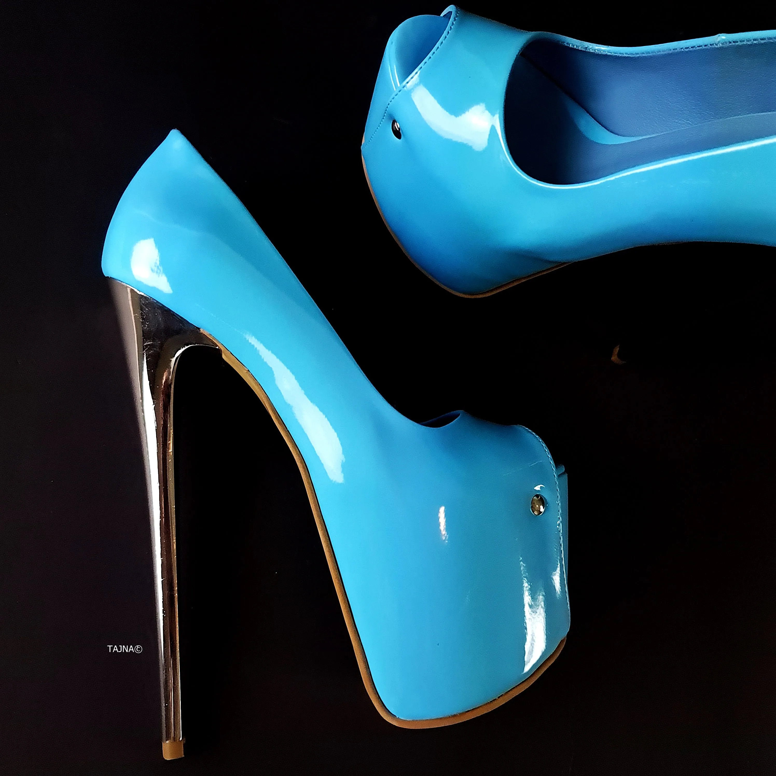 Baby Blue Gloss Peep Toe Metallic High Heels