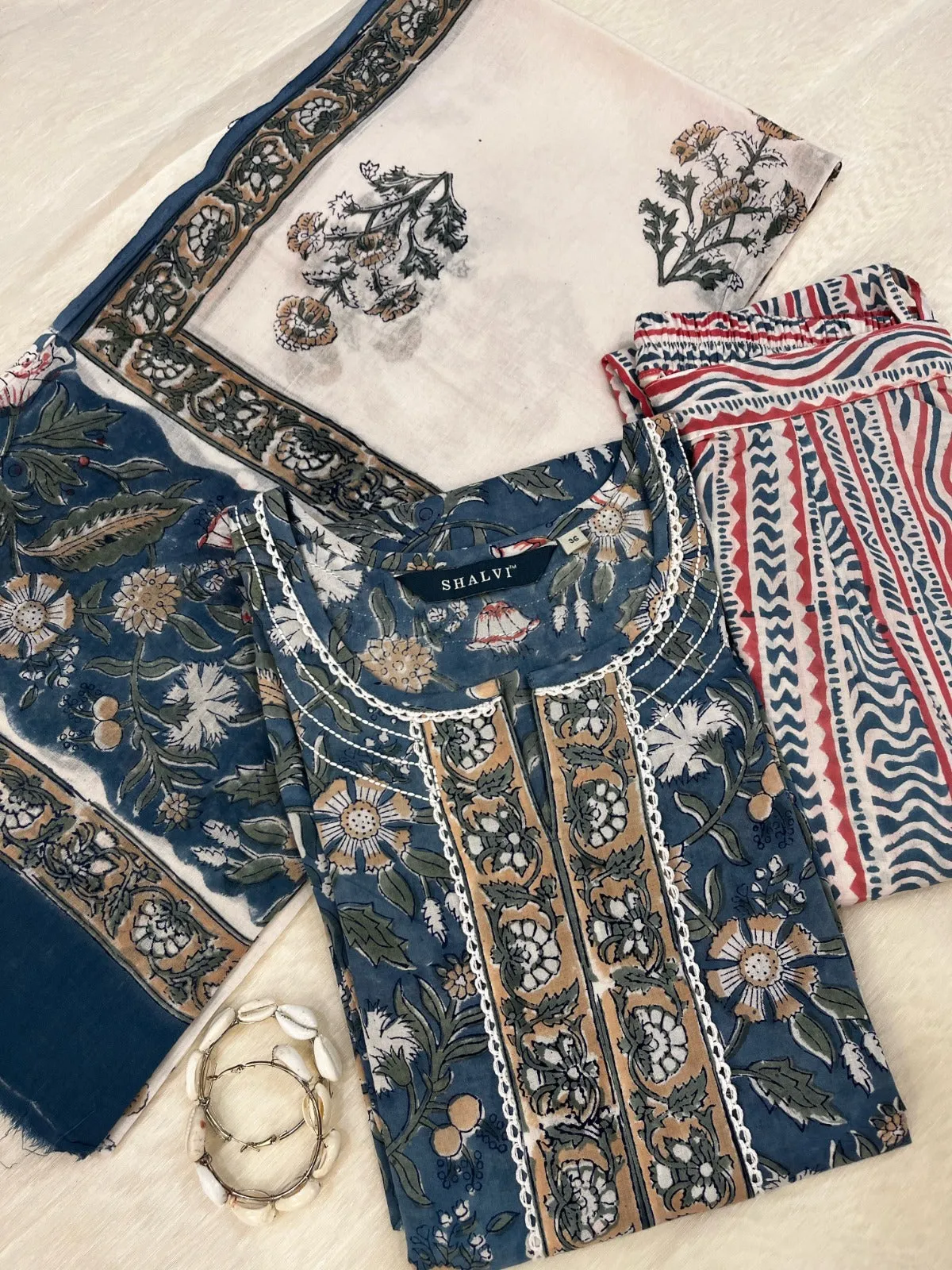 Bahar Collection : Hand Block Print Cotton Suit Set with Mulmul Dupatta (CSS83MUL)