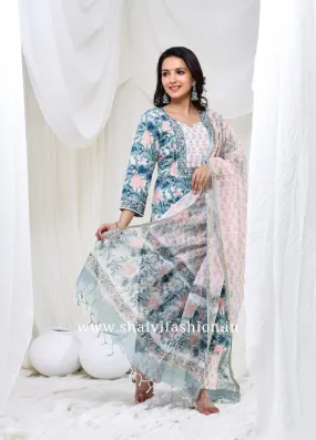 Bahar Hand Block Print Cotton Suit Set with Kota Doria Dupatta (CSS166KD)