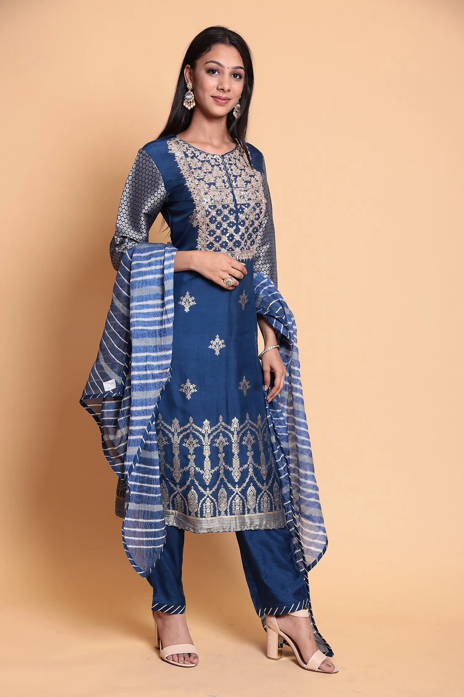 Banarasi Cotton silk Suit Stitched with Gota Patti work.