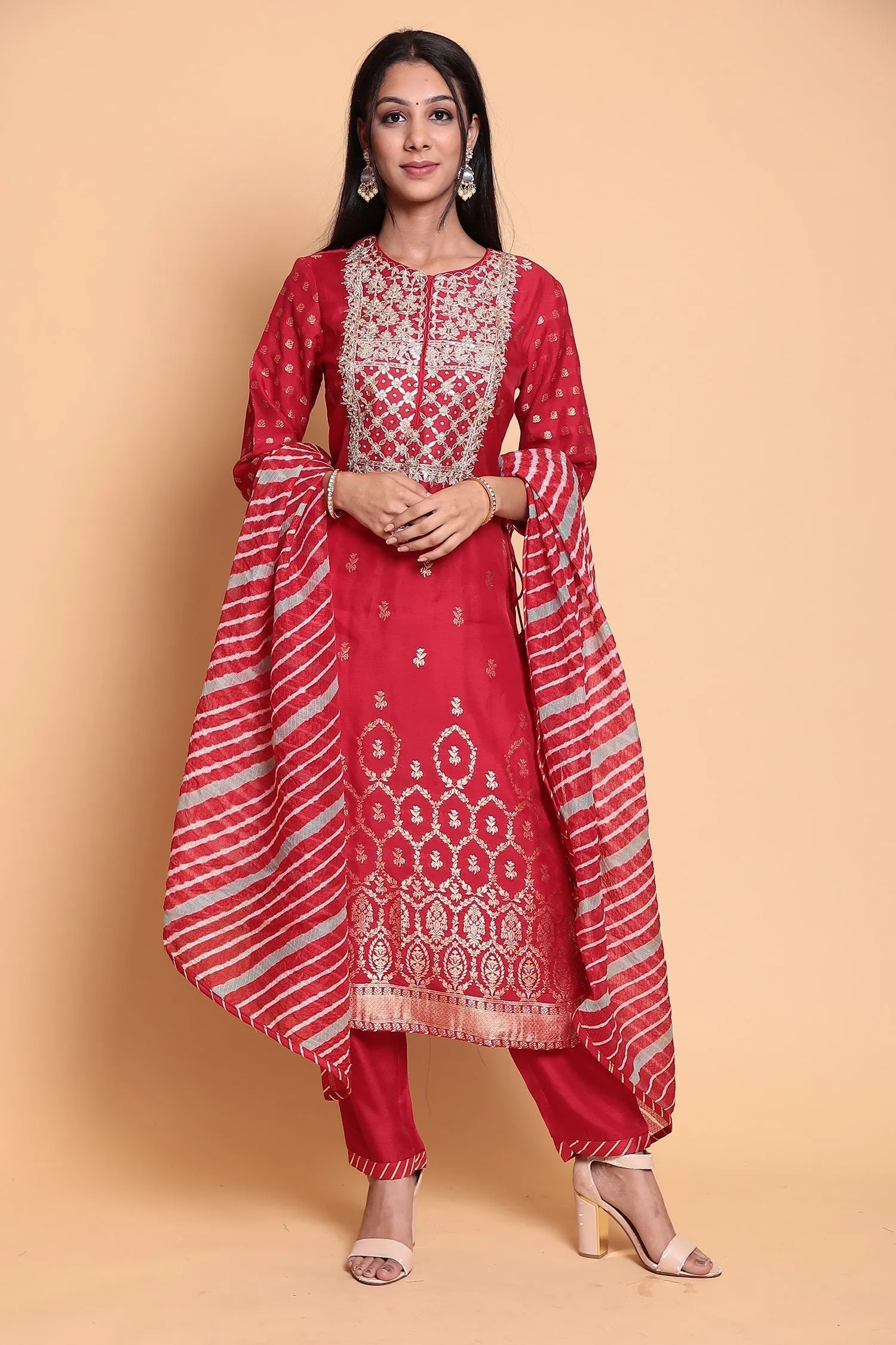 Banarasi Cotton silk Suit Stitched with Gota Patti work.